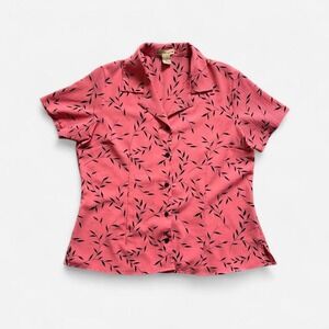 Notations Y2K Pink Top Button Up Short Sleeve Shirt Black Vine Leaf Women XL